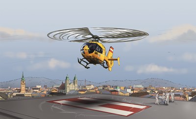 Hubschrauber in Landeanflug - Pflegekampagne OÖG